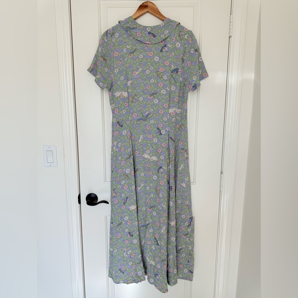 Vintage FLAX Cottagecore Lavender Floral Midi Dress Collared Prairiecore Large - Picture 4 of 9